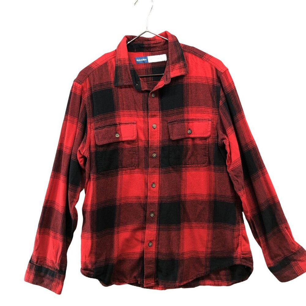 Old Navy Flannel Shirt Mens L Regular Fit Buffalo Plaid Red Cotton Chest Pockets